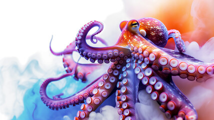 A vibrant octopus emerges with dynamic tentacles, highlighted by a colorful, smokey backdrop.