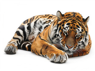 A tiger is laying down on a white background