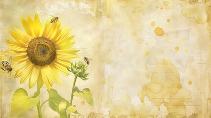 Watercolor painting of Sunflower surrounded by Bees in earth tone.