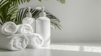 Soap dispenser and spa towel ,Roll up of white towels on white table with copy space,towels studio shot on white table,Copy space​