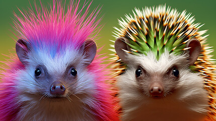Two hedgehogs with pink and green fur - obrazy, fototapety, plakaty