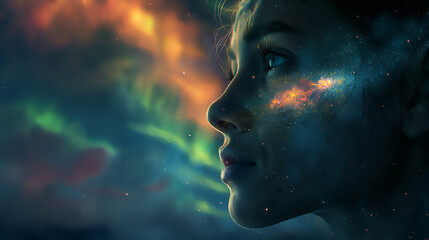 young woman with beautiful flawless glowing skin having starry astral experience in cosmic space environment