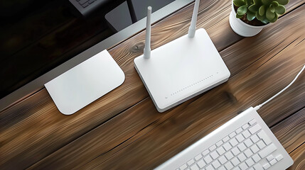 Modern Wi-Fi router on light table in office or home. Top view. - obrazy, fototapety, plakaty