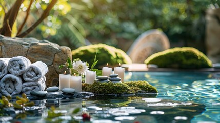 Spa supplies such as candles, spa stones, and rolled up towels are arranged neatly, and a small,...