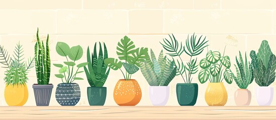 A display of houseplants in flowerpots arranged on a rectangular wooden shelf, creating a beautiful piece of art with various terrestrial plants and flowering plants - obrazy, fototapety, plakaty