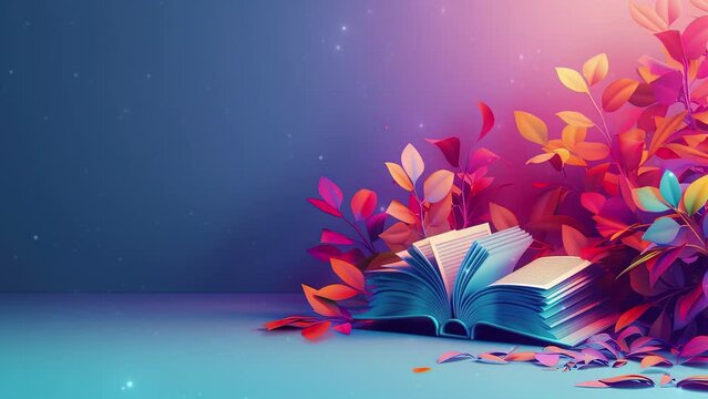 World book day concept. Colorful background. Open book and flower decoration. Happy book day. 4K Videos
