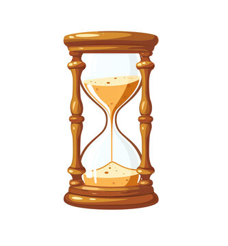 Hourglass with sand cartoon illustration. Golden glass clock. History watch isolated icon