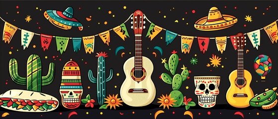 Traditional Mexican symbols: chili, sugar skull, taco and others. Illustrations for posters, banners, prints in honor of Mexican holidays - 779373195