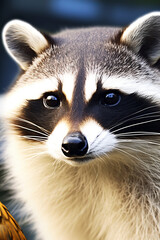 A raccoon with a black and white striped face is staring at the camera