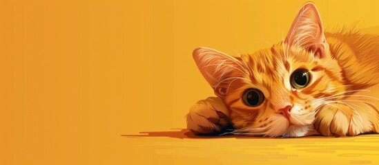 A domestic shorthaired cat, a carnivorous terrestrial animal in the Felidae family, with whiskers and fur, is laying down on a yellow surface, looking at the camera in a macro photography shot - obrazy, fototapety, plakaty