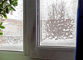 wet snow stuck to the window - 779373530