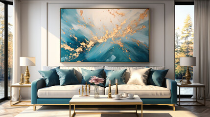 Abstract art canvas with a blend of gold leaf and blue textures creating a luxurious vintage effect