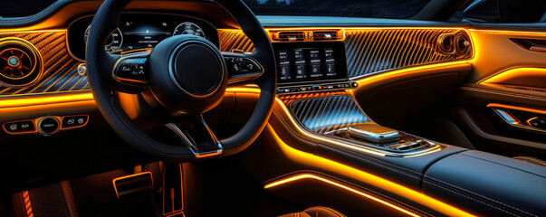 Luxurious modern car interior with elegant leather and ambient lighting, showcasing sophisticated dashboard design and high-end vehicle craftsmanship