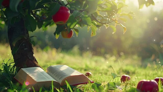World book day concept. Background of an open book under an apple tree. Happy book day. Copy space area for text. 4K Videos