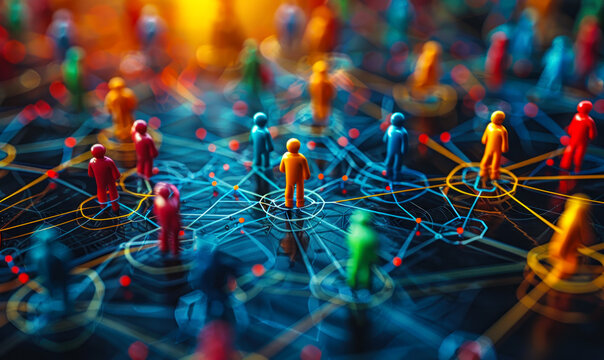Colorful figurines connected by lines on a network grid illustrating concepts of social networking, community, connectivity, and teamwork in a digital era