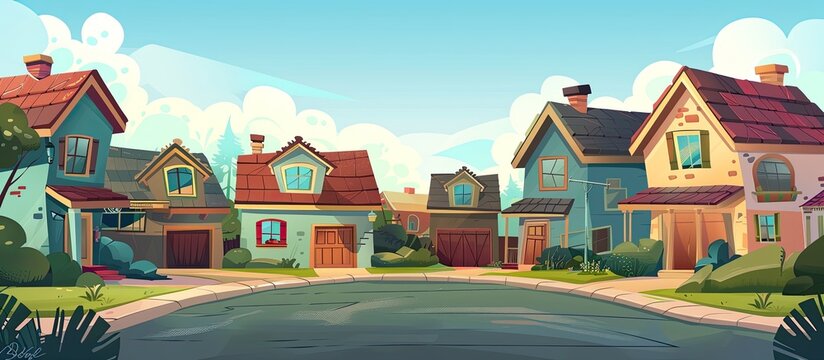 A cartoon illustration of a row of houses on a residential street with green grass, trees, clouds in the sky, and asphalt road leading to the water