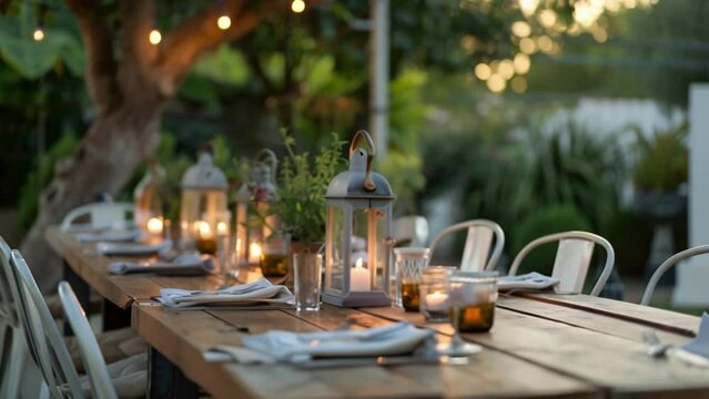 A simple outdoor dining area with a long wooden table white metal chairs and strategically p lanterns for evening ambiance. . .