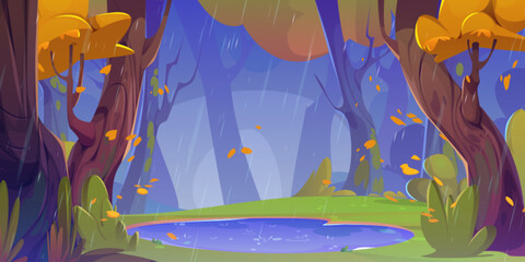 Autumn forest landscape with orange leaf on trees and falling, lake and green grass on shore under rain droops. Cartoon vector fall season scenery of woodland with pond in rainy cloudy weather. - obrazy, fototapety, plakaty