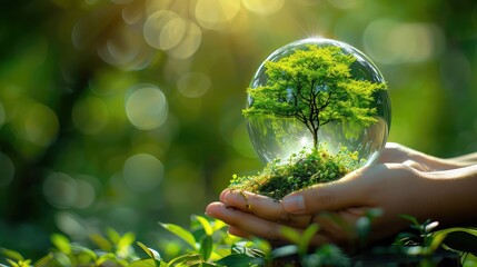 Earth crystal glass globe ball and tree in robot hand saving the environment, save a clean planet, ecology concept. technology science of environment concept for the development of sustainability.