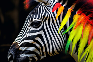 A zebra with colorful feathers on its head