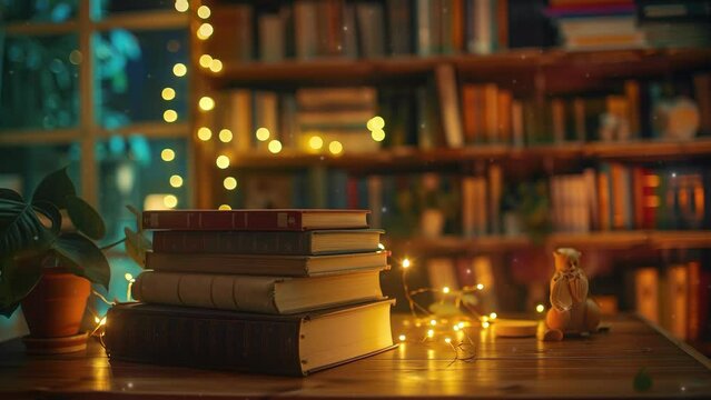 World book day concept. Books in the library. Happy book day. Books and burning lamps. 4K Videos