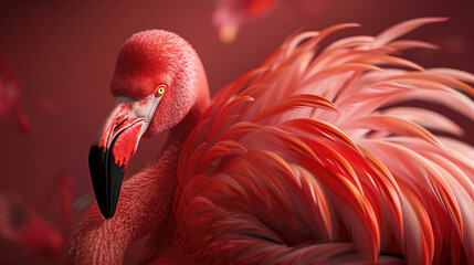Close-up of a vibrant red flamingo with detailed feathers and a focused gaze.