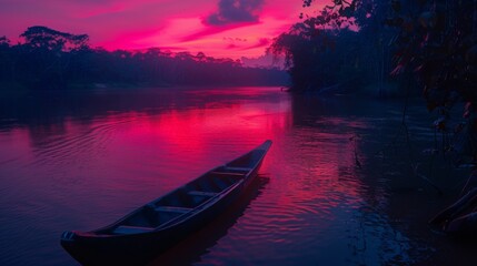 Boat on river, fluorescent lights, neon light, night, red sky - obrazy, fototapety, plakaty