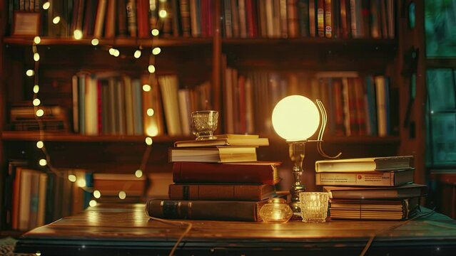 World book day concept. Books in the library. Happy book day. Books and burning lamps. 4K Videos
