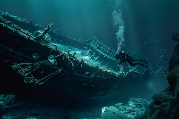 Diver exploring underwater shipwreck: Deep-sea discovery and exploration adventure.