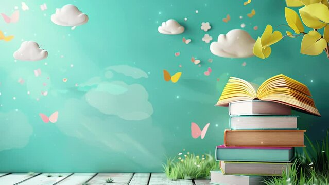 World book day concept. Book stack background. Happy book day. World book day back to school concept. Colorful background. Copy space area for text. 4K Videos