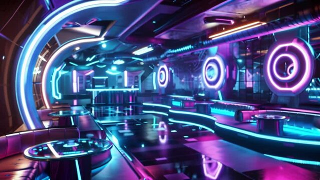 A sleek neonlit nightclub adorned with curved walls and bold geometric patterns creating an atmosphere that harkens back to a retro futuristic world of space travel and advanced