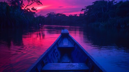 Boat on river, fluorescent lights, neon light, night, red sky