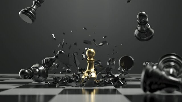 golden chess pawn stand win with falling chess, Chess board game concept of business strategy.