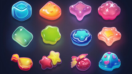 Jelly and Candies set icons on dark background, Illustration.