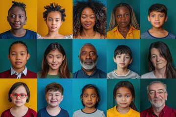 A collage of diverse faces representing multiple ages and ethnicities. - obrazy, fototapety, plakaty