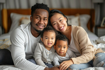 A multicultural family enjoying time together on a comfy bed.