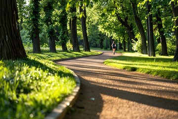 Morning jogger on a sunlit park path.