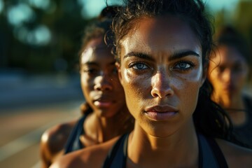 Close-up of three determined female runners focusing before a race.