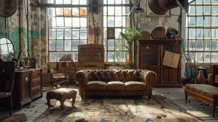 Furniture repair workshop. Old style furniture factory and locksmith workshop.  - obrazy, fototapety, plakaty