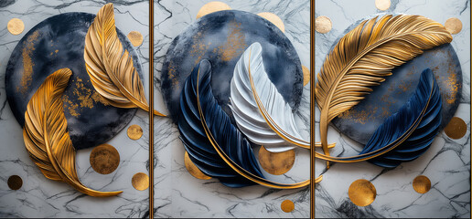 panel wall art, marble background with feather designs , wall decoration - obrazy, fototapety, plakaty