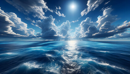 Surface of blue sea or ocean under sunny and cloudy sky, beauty of nature concept