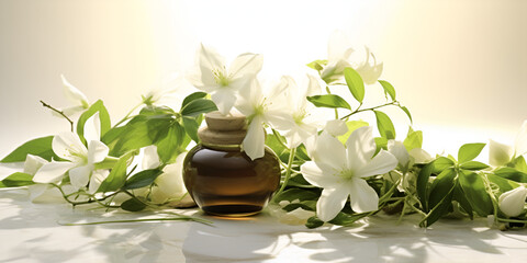 Oil of jasmine with white flowers and leaves natural relaxation floral scent on a lighted...