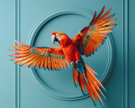 Beautiful red macaw parrot on blue background. 3d rendering
