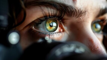 A person looking into a camera with their eyes wide open symbolizing the use of eye recognition technology for secure access to health records.