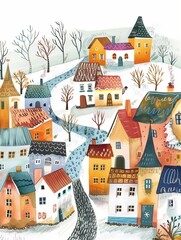 Watercolor painting of Illustrate colorful small houses for children book.