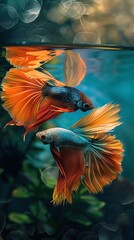 Obraz premium two betta fish that have beautiful, charming tails, in the water world are very detailed and clear