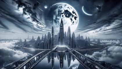 futuristic city landscape with alien planet and moon, fantasy alien. 3 d illustration - obrazy, fototapety, plakaty