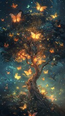 A mystical tree illuminated by the glow of magical butterflies under a starry night sky, creating a fantasy scene. - obrazy, fototapety, plakaty