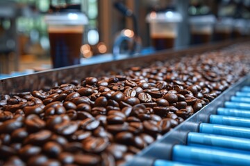 Macro photo of roasted coffee beans on a conveyor line in a coffee factory, selective focus