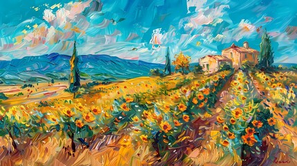 Fototapeta na wymiar Strong brush stroke Landscape Oil painting in colorful vibrant style features cottage amidst sunflower field wall art, digital art prints, home decor